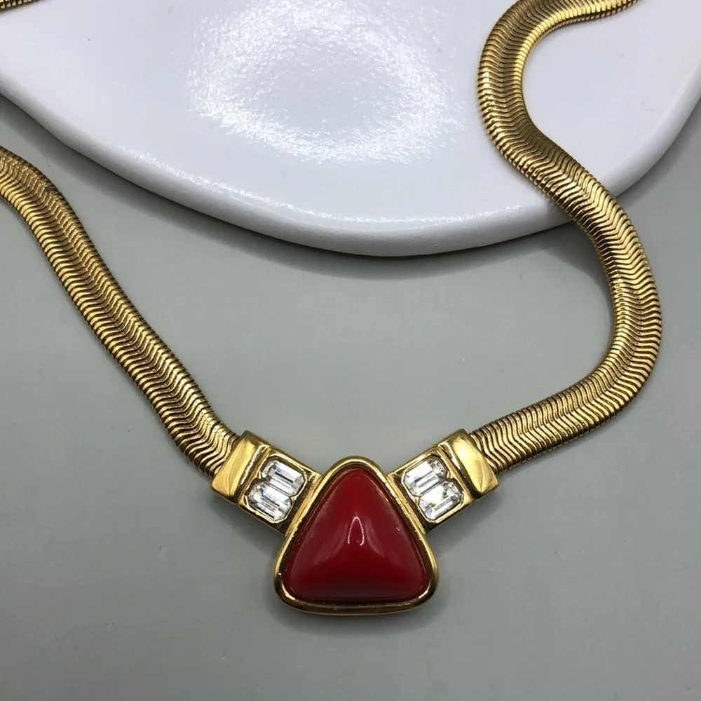 Vintage Givenchy gold snake chain necklace red faux stone costume dressy glam.